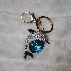 Dolphin Keychain with Blue Gem and Gold Accents
